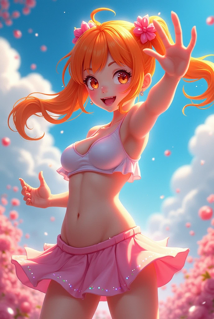 Energetic, old anime, young, cheeky, cute, female, gameplay, pure white skin, sparkling, translucent, orange hair