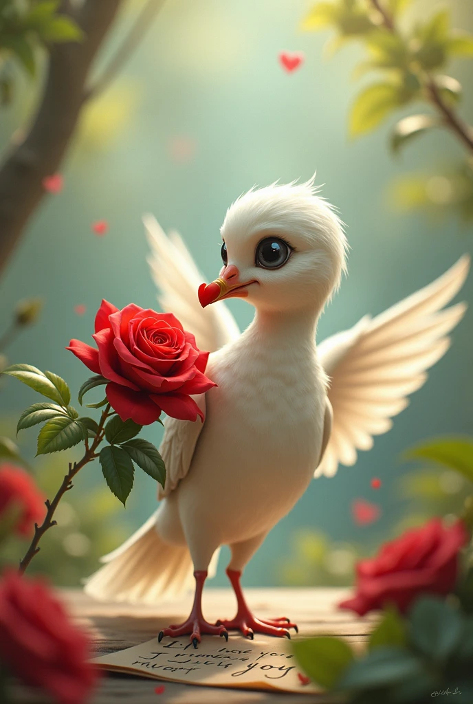 Bird carrying a red rose in its beak with a message that says Luisa I love you very much 