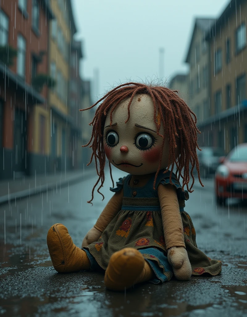 A dirty rag doll, Grieving, sitting in the street all wet, Chove forte, rain storm, abandonment