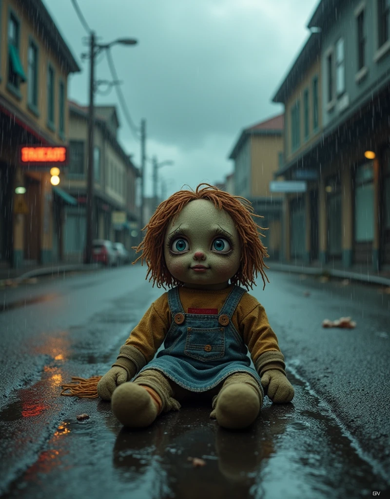 "A realistic Raggedy Ann doll sitting inside a glass case, dimly lit by a single light. The doll has a sinister aura, with shadows and eerie reflections on the glass. The background is dark and museum-like, with faint, unidentifiable objects."