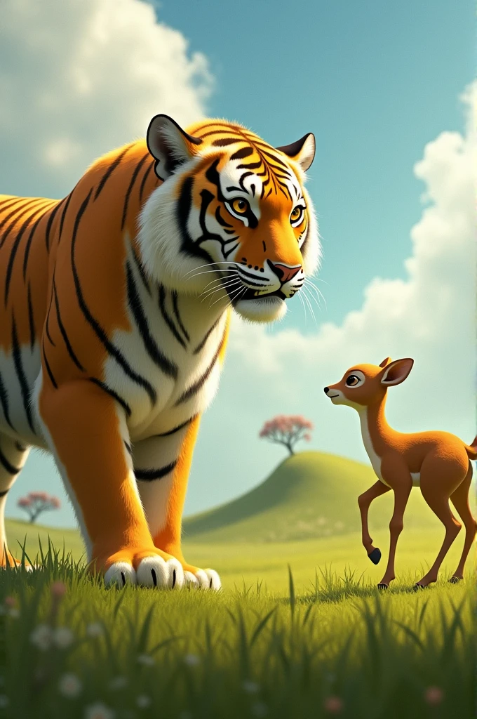 The Golden Tiger approached the Little Deer and said:

Hey Little Deer, let&#39;s run! See who can reach the distant grassy hill faster.!
