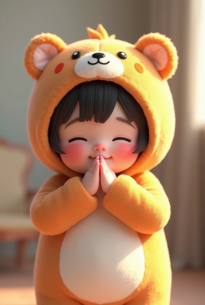 (girl),(()) ,3d images ,Highest quality 8K ,Chubby body shape,((Very fat)),Pink cheeks,podgy,Good mood,((I bow down to you.)),((Put your hands together)),((Open your eyes.)),Put on a stuffed animal costume,Balanced lighting,blurred background,Middle of the picture