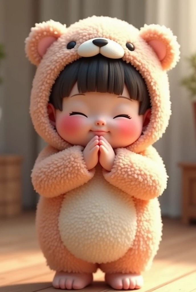 (girl),(()) ,3d images ,Highest quality 8K ,Chubby body shape,((Very fat)),Pink cheeks,podgy,Good mood,((I bow down to you.)),((Put your hands together)),((Open your eyes.)),Put on a stuffed animal costume,Balanced lighting,blurred background,Middle of the picture