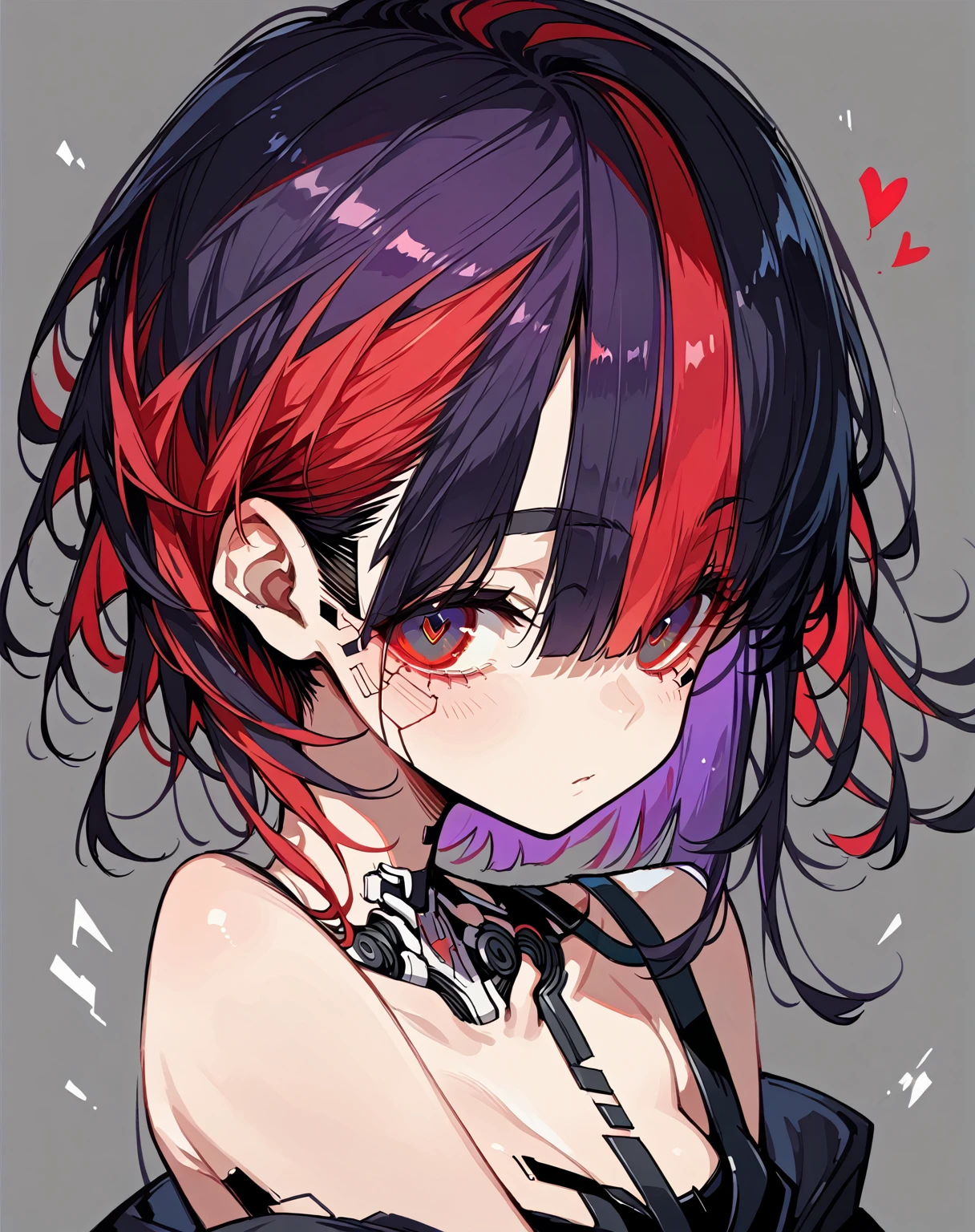 A woman with red and black hair and a heart-shaped cut, 美しいFuturistic hairstyles, Black and red hair,  Red highlights, Unique hair design, Dramatic hair colour, Gothic Hearts, Fractal hair, Futuristic hairstyles, Black and red hair hair, Red highlights, Cyberpunk Hair Color, Short red and black fade, With dark purple hair
