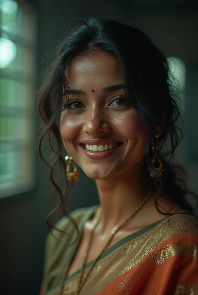 closeup portrait, Surreal, amazing quality, masterpiece, best quality, awesome, inspiring, a light smiling amused woman with hair over her eyes, cinematic composition, soft shadows, 
atmospheric haze, Film grain, cinematic film still, shallow depth of field, highly detailed, high budget, cinemascope, moody, epic, OverallDetail, 2000s vintage RAW photo, photorealistic, candid camera, color graded cinematic, atmospheric lighting, imperfections, natural, shallow dof
Wearing saree, full body, big boobs
