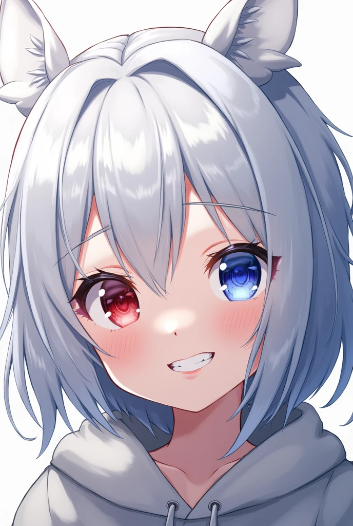 High resolution, Shortcuts, Silver Hair, Odd Eye, Simple Background, Anime Style, blue eyes, Red eyes, Hood worn, Smiling with teeth showing,