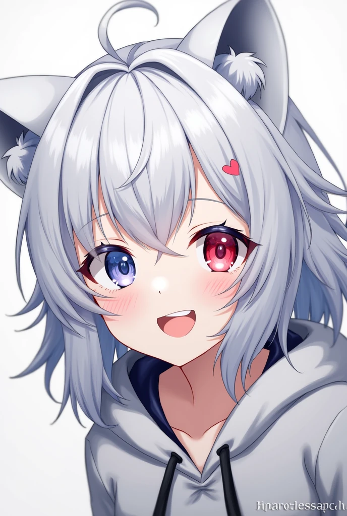 High resolution, Shortcuts, Silver Hair, Odd Eye, Simple Background, Anime Style, blue eyes, Red eyes, Hood worn, Smiling with teeth showing,