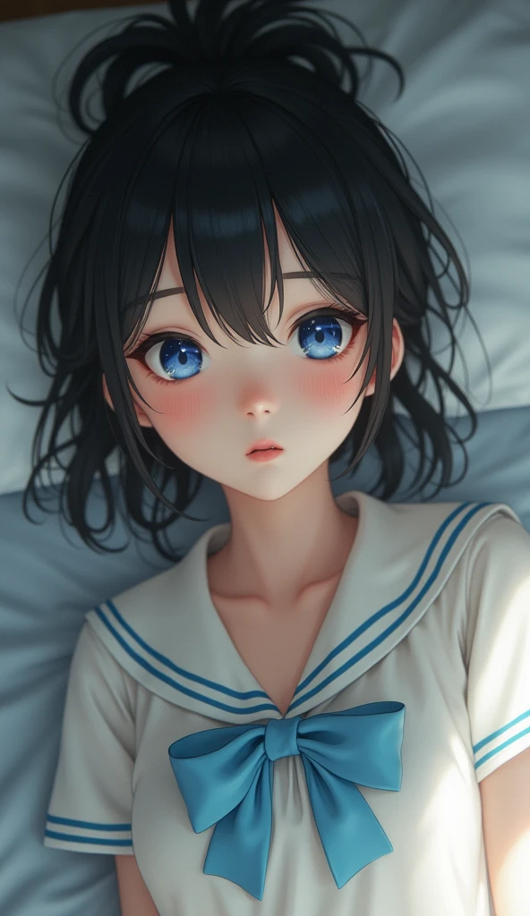 (32K:1.9, Realistic:1.9, Highest quality, masterpiece, Ultra-high resolution), Perfect dynamic composition:1.3, Highly detailed skin and facial textures:1.3, (Cute sexy slim Japanese schoolgirl, height: 155cm), ((Lying in bed:1.4, Strike a pose:1.3)), Fair skin, ((Clarity:1.1)), (The woman is wearing a uniform with a light blue bow tie.:1.3, Black hair in a ponytail:1.3, smile:0.9, A man completely charms a woman:0.9, beautiful Blue Eyes, beautiful, Clear Eyes:0.8), Sexy Face:0.4, blush:1.1, ((beautifulエロティシズムを醸し出す雰囲気:1.0, Professional random camera work:1.0, Cinematic Lighting Effects:1.0, romantic:1.0, artistic:1.0, mysterious:1.0)), Too erotic, Object of admiration, original, dramatic, Innovative, charm, Heartful, Fancy, Tilt, sense of loss, special, exciting, Extreme, sense of openness, joy, joyの表現, ((若さのcharm, 女性的なcharm))