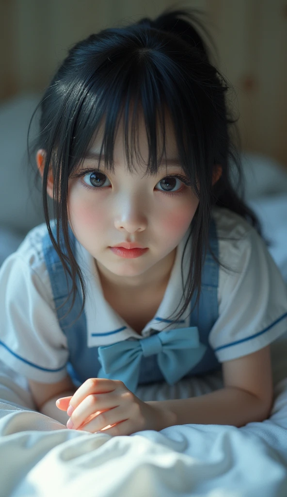 (32K:1.9, Realistic:1.9, Highest quality, masterpiece, Ultra-high resolution), Perfect dynamic composition:1.3, Highly detailed skin and facial textures:1.3, (Cute sexy slim Japanese schoolgirl, height: 155cm), ((Lying in bed:1.4, Strike a pose:1.3)), Fair skin, ((Clarity:1.1)), (The woman is wearing a uniform with a light blue bow tie.:1.3, Black hair in a ponytail:1.3, smile:0.9, A man completely charms a woman:0.9, beautiful Blue Eyes, beautiful, Clear Eyes:0.8), Sexy Face:0.4, blush:1.1, ((beautifulエロティシズムを醸し出す雰囲気:1.0, Professional random camera work:1.0, Cinematic Lighting Effects:1.0, romantic:1.0, artistic:1.0, mysterious:1.0)), Too erotic, Object of admiration, original, dramatic, Innovative, charm, Heartful, Fancy, Tilt, sense of loss, special, exciting, Extreme, sense of openness, joy, joyの表現, ((若さのcharm, 女性的なcharm))