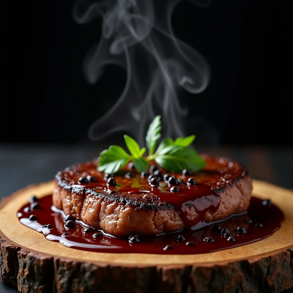 Steak recipe clean picture realistic food, steaming hot, peppercorn sauce on top of the steak and dripping off the side of the steak, on rustic wood floor, placed on a dark background, medium contrast
