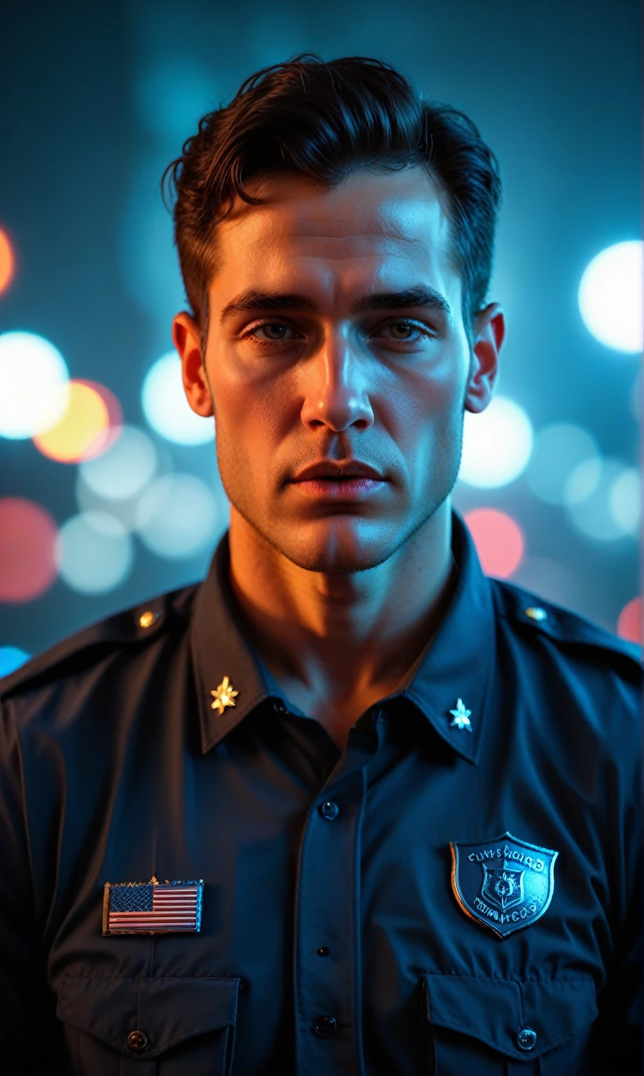 (best quality, masterpiece, highest detailed), (photorealistic:1.2), raw photo, professional portrait, Cyborg male, t-800 terminator , terminator, in police uniform, (vibrant color), (intricate details), exposure blend, bokeh, dim light, ( hdr:1.4 ), high contrast, (muted colors, dim colors, soothing tones:1.3), low saturation, morbid