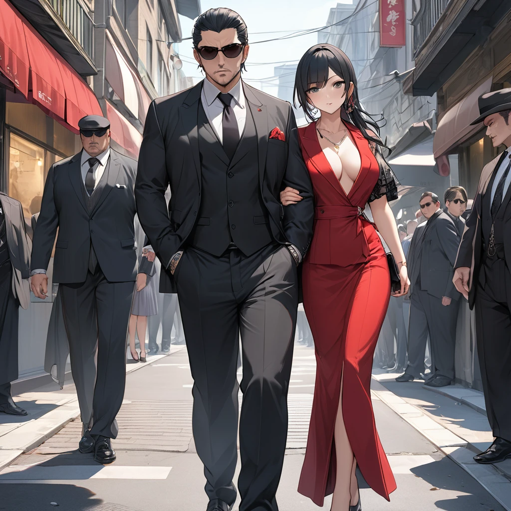 ((Highest quality)), ((masterpiece)), (detailed), (Perfect Face)、The woman is Reika Aoki, the wife of a mafia boss, with medium-long black hair and an engagement ring.、The woman and the mafia boss are walking down the street together, leaning side by side.、The woman has the presence of a mafia boss' wife.