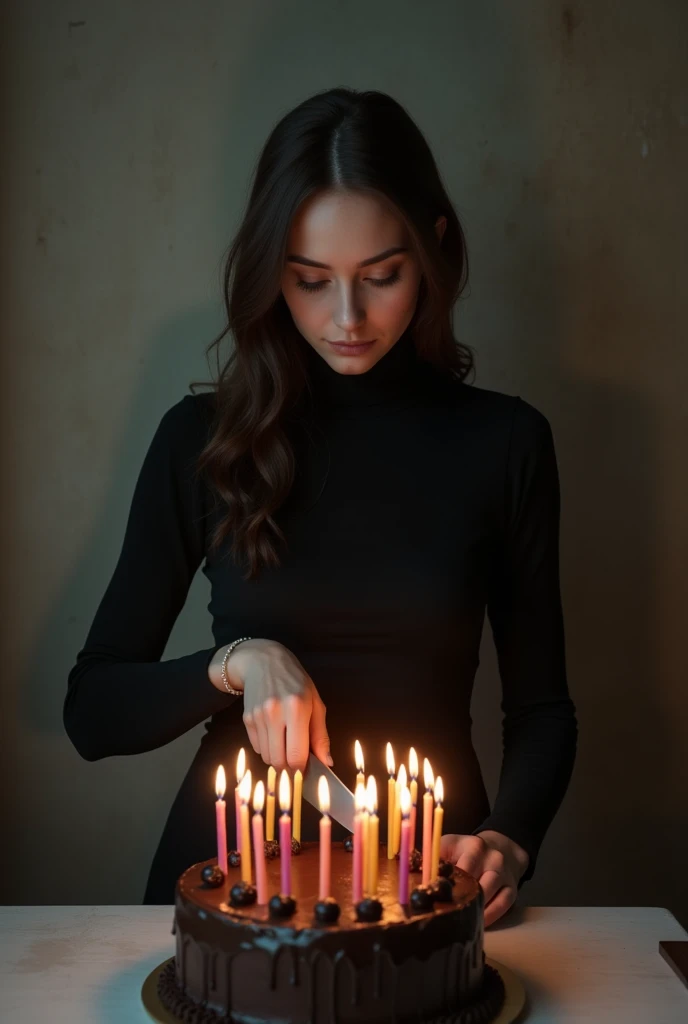 The beautiful young women cut chocolate cake alone ( use knife ) on the cake 20 latter number candle and she's face full  of sadness. and she waring black frock with full sleeve and covered nack dress 