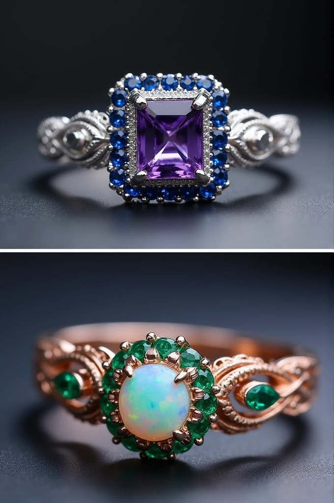 Two alliances, one with a bold and modern design, made in white gold with a polished finish. At the center, a rectangular cut amethyst. The stone would be surrounded by blue sapphires, with filigree details on the sides, suggesting the complexity and beauty of Kylie&#39;s personality. inside, the recording might say something like "My Blue Muse". The other, more discreet and classic, made in rose gold, the ring would have a small opal in the center surrounded by emeralds that form a simple and elegant pattern, the interior "My Everlasting Light".