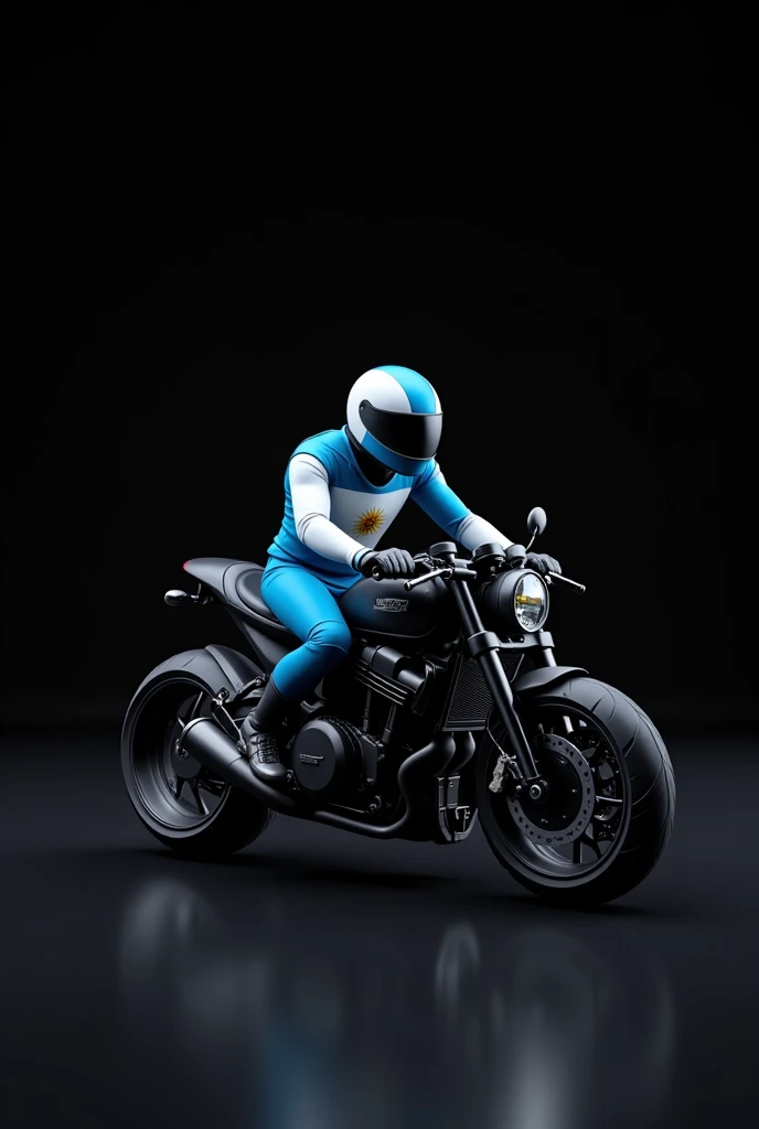 Generate an animated version of a motorcycle with a biker, where the biker wears the colors of Argentina. Black plain background and black motorcycle, picsar animation style