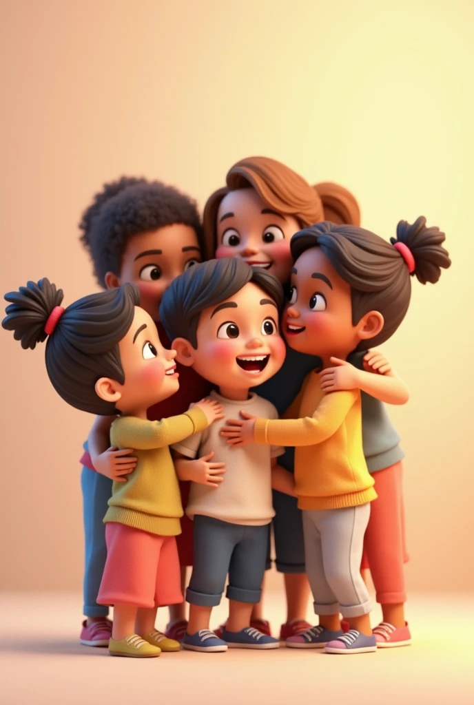 A 3D cartoon, with several children of different ethnicities hugging each other, predominant soft colors