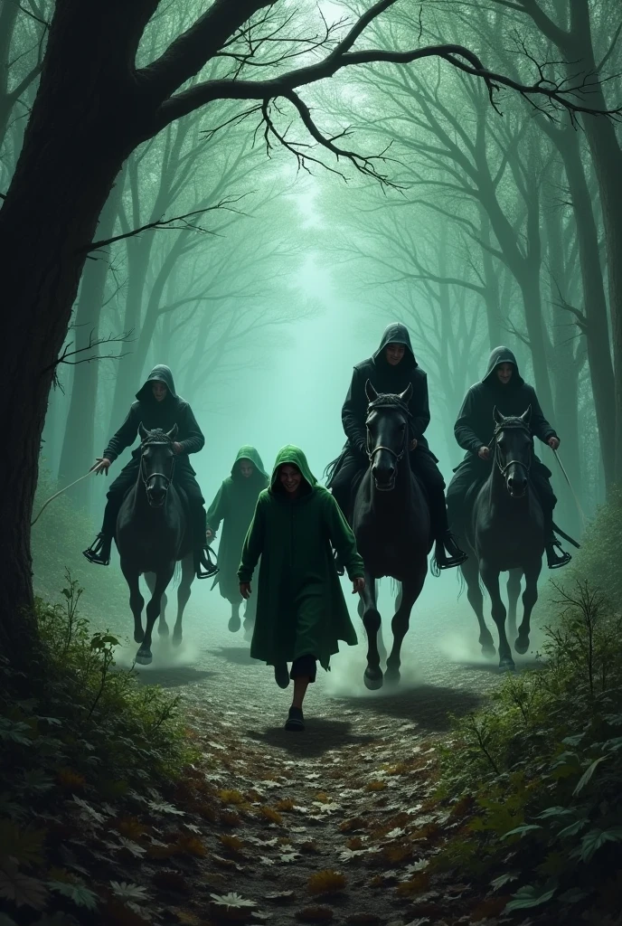 Dans une forêt sombre, 4 petits hommes avec une cape et une capuche vertes fuient vers la gauche de l'image. Ils sont poursuivis par 4 cavaliers, vêtus d'une cape noire sur des chevaux noirs.