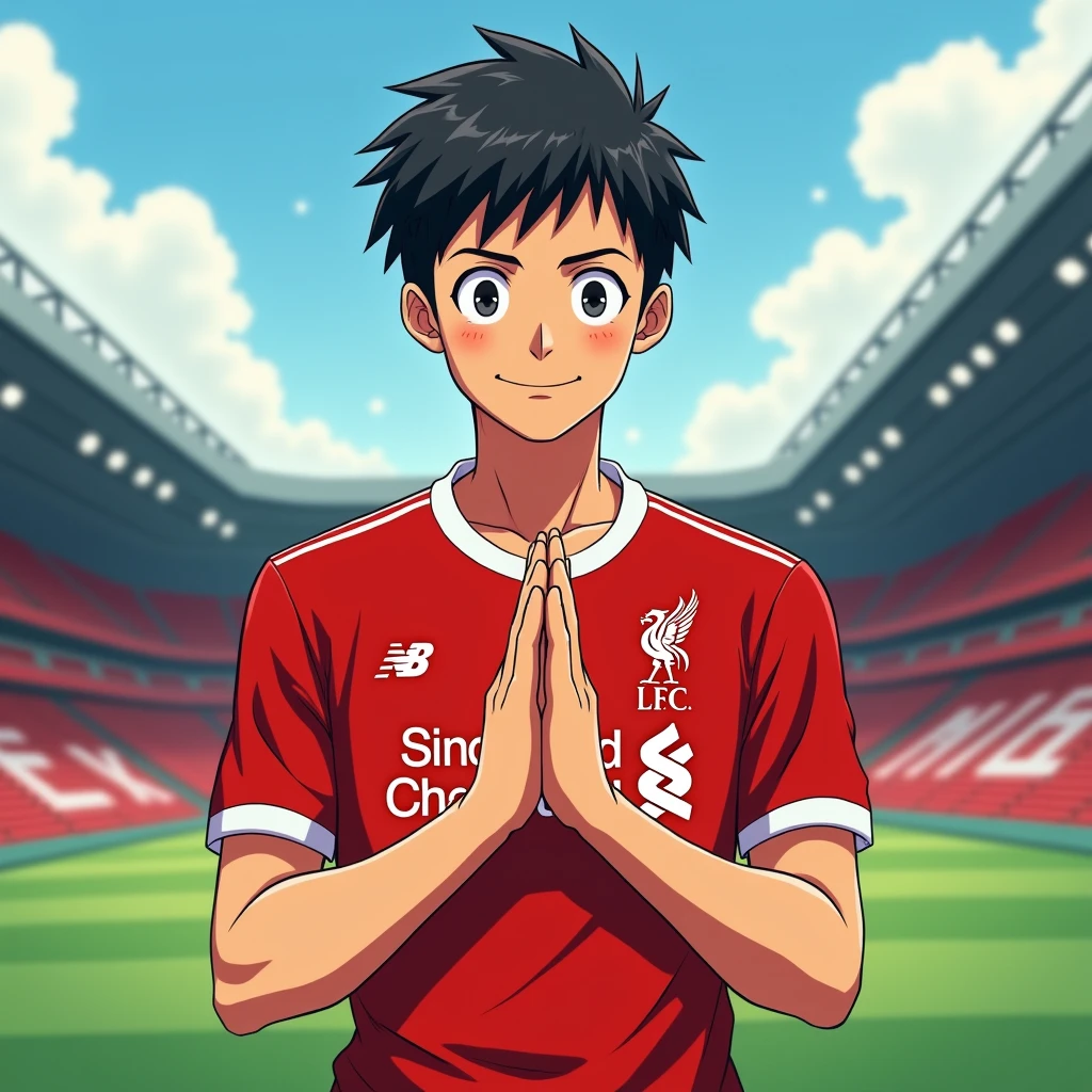 Handsome young man smiling in Toriyama Akira style, bowing like a Thai person and wearing a Liverpool shirt, standing in a cartoon style. High-quality dynamic photos, detailed and colorful. Realistic and colorful poses, the background is the Andfield stadium.