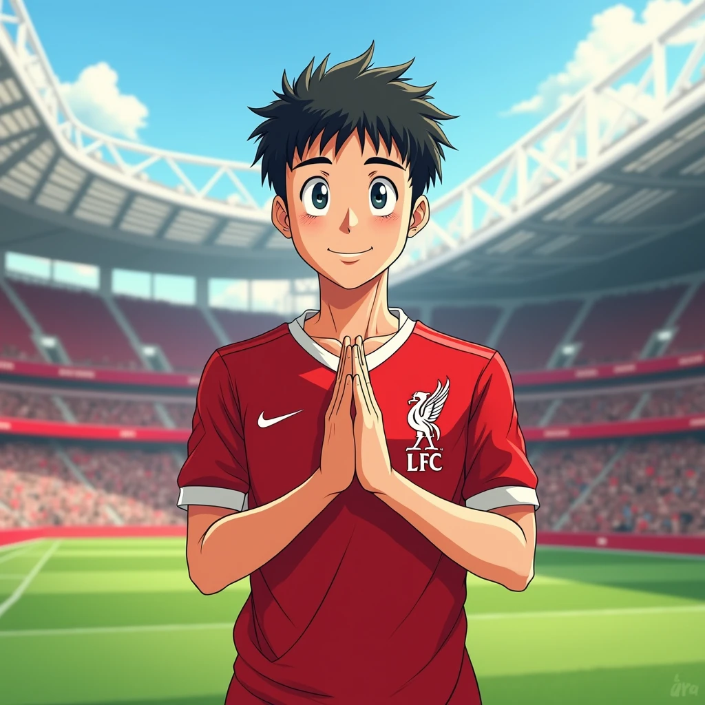 Handsome young man smiling in Toriyama Akira style, bowing like a Thai person and wearing a Liverpool shirt, standing in a cartoon style. High-quality dynamic photos, detailed and colorful. Realistic and colorful poses, the background is the Andfield stadium.