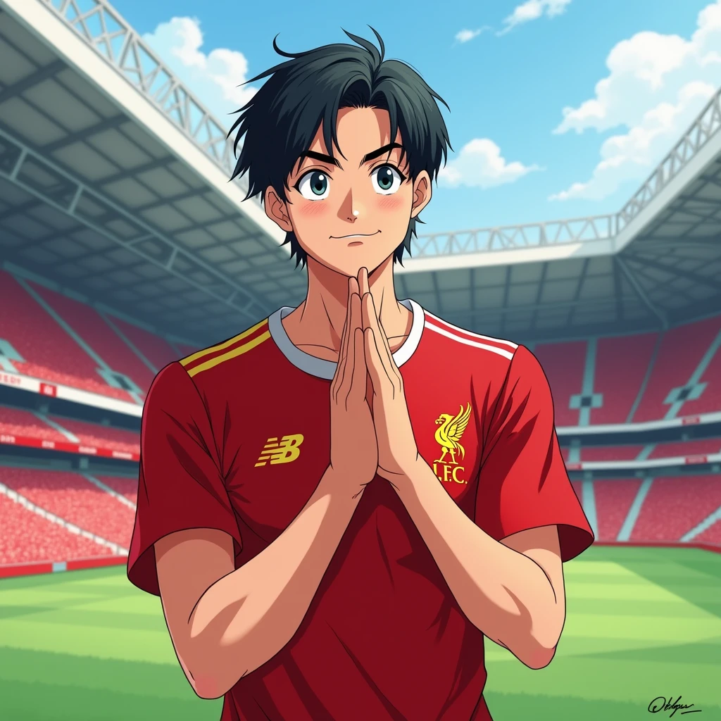 Handsome young man smiling in Toriyama Akira style, bowing like a Thai person and wearing a Liverpool shirt, standing in a cartoon style. High-quality dynamic photos, detailed and colorful. Realistic and colorful poses, the background is the Andfield stadium.