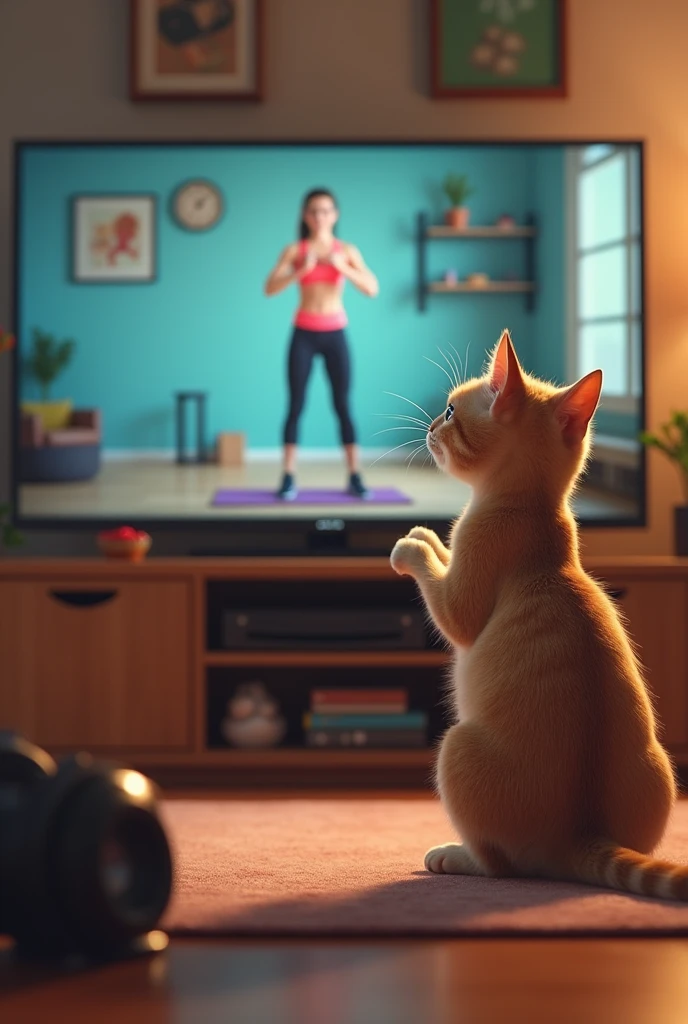 The main character, a cat, sits in front of the TV.、Watching an exercise video。The cat follows the video instructions with a serious expression、I am moving my body。A trainer in sportswear is shown on the TV screen.、Training equipment is placed in the background.。