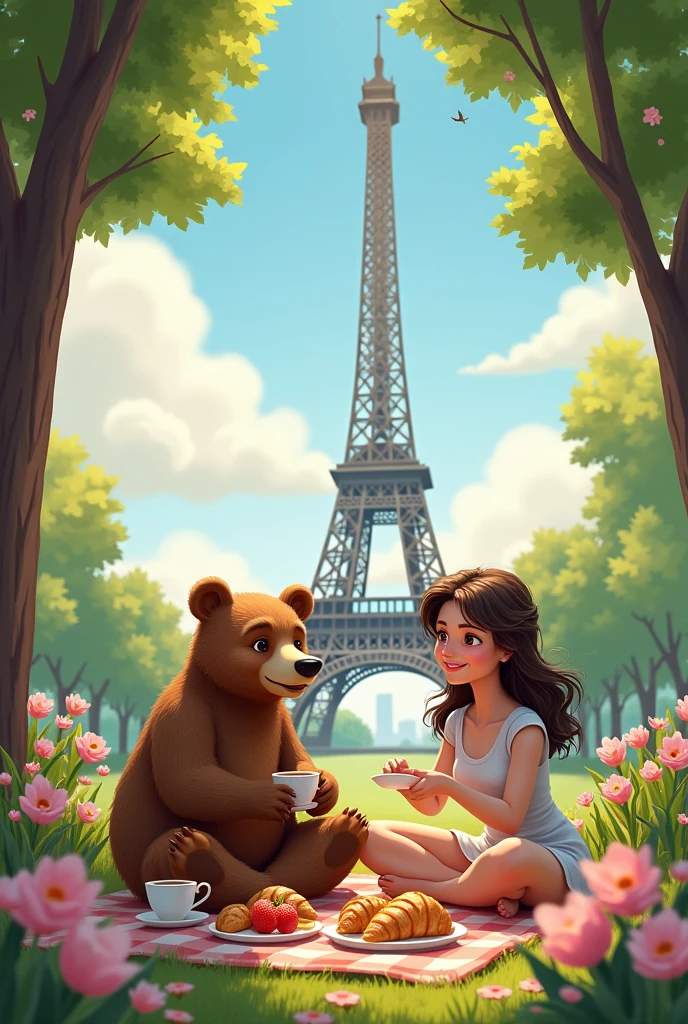 Eiffel tower breakfast bear and woman human