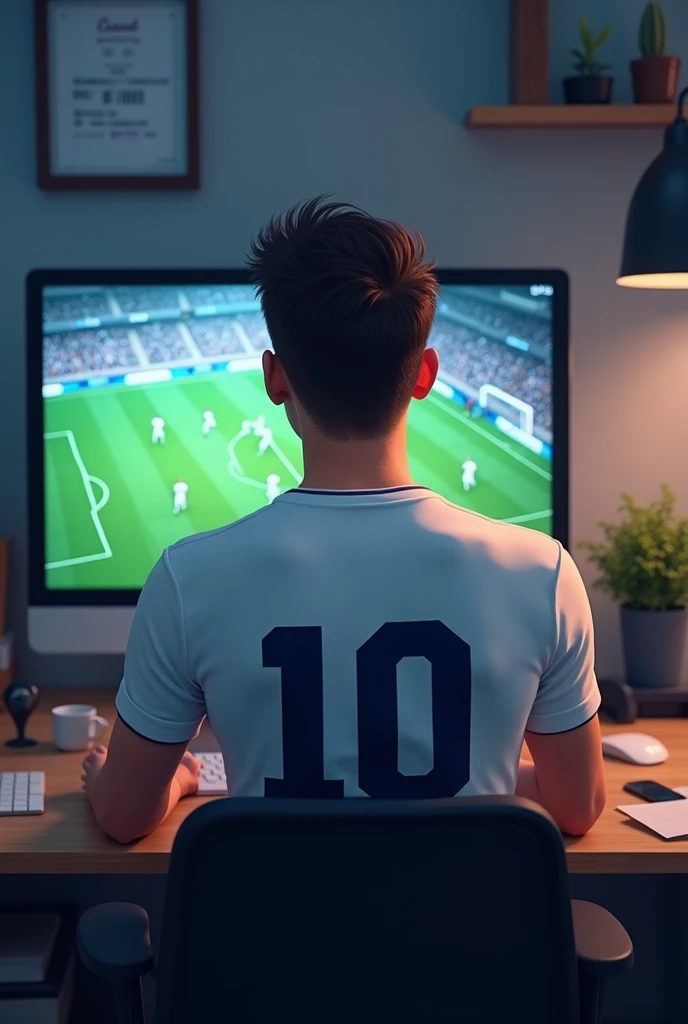 Generate a male fan with short hair, sitting at an office desk, wearing a white t-shirt with the number 10 on the back, watching a football game with the team all in white