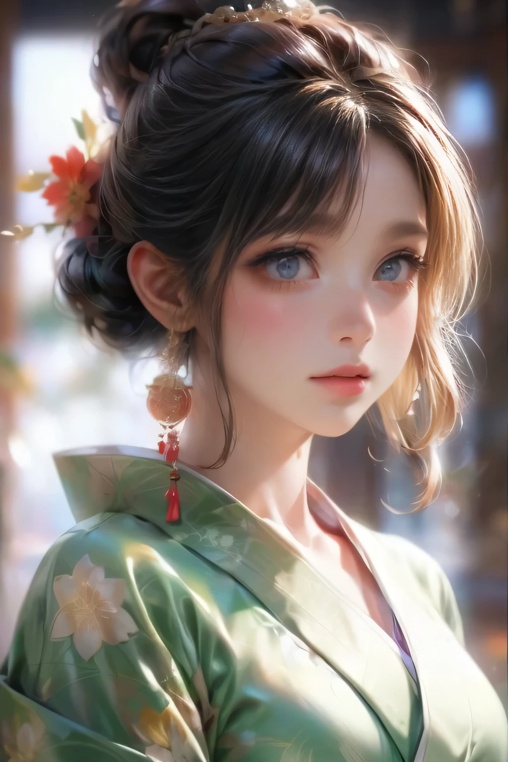 beautiful cute girl in open kimono, bare shoulder, bare breasts, middle-breasts, delicate porcelain matcha, steaming matcha tea, serene tranquil scene, detailed intricate kimono patterns, natural soft lighting, cinematic composition, beautiful detailed eyes, beautiful detailed lips, extremely detailed eyes and face, long eyelashes, bare breast, bare shoulder, navel, thigh, gorgeous girl, highly detailed, 8k, best quality, masterpiece, photorealistic