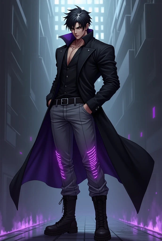 A sexy male black skin anime character Black hair with a white stripe on it wearing a bad ass long black coat and wearing long gray pants with purple glowing stripes and wearing boots