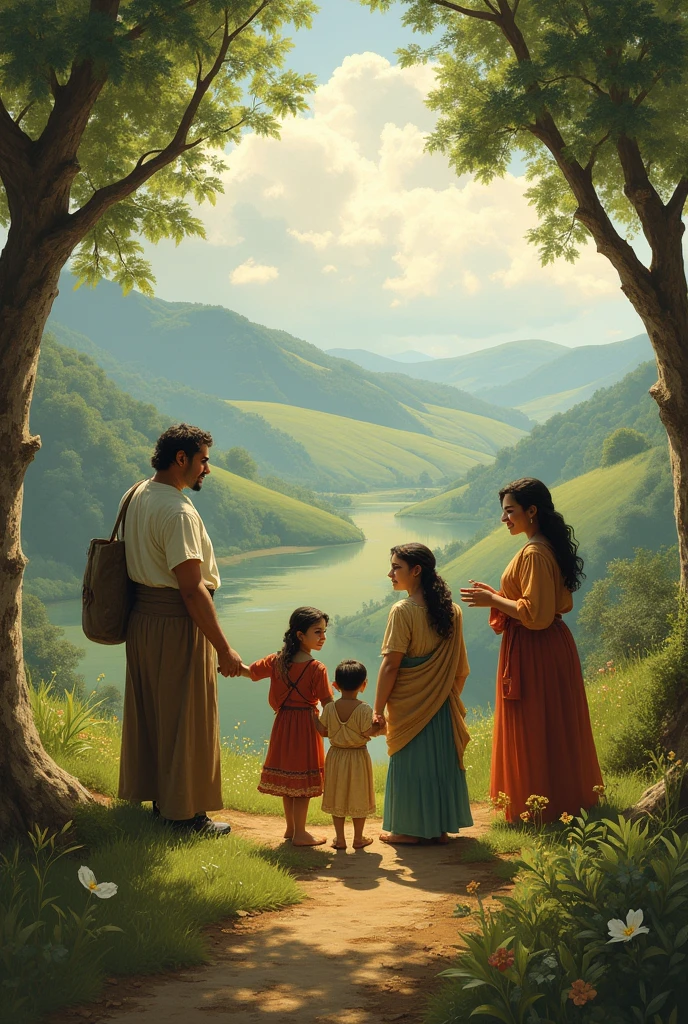 I am the way, peace and life, landscape, includes a Latin American family in domestic clothing