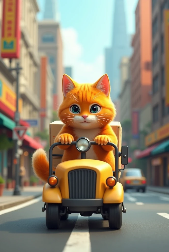 Cute close-up of an orange cat walking around the city., road, (Kinetics: 1.2), complicated details, ((Cat driving a parcel delivery truck)) ,Two-legged standing,Cat delivers packages, side view
