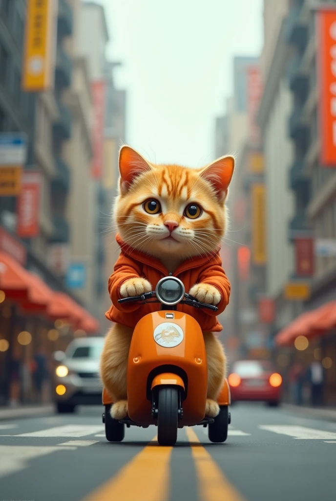 Cute close-up of an orange cat walking around the city., road, (Kinetics: 1.2), complicated details, ((Cat driving a parcel delivery truck)) ,Two-legged standing,Cat delivers packages, side view