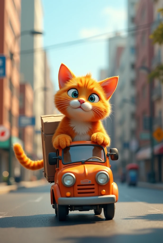 Cute close-up of an orange cat walking around the city., road, (Kinetics: 1.2), complicated details, ((Cat driving a parcel delivery truck)) ,Two-legged standing,Cat delivers packages, side view