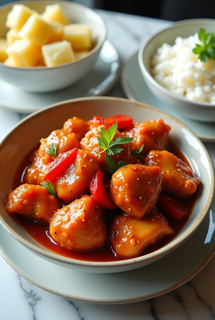 Chicken sweet and sour sauce, rice and potato salad