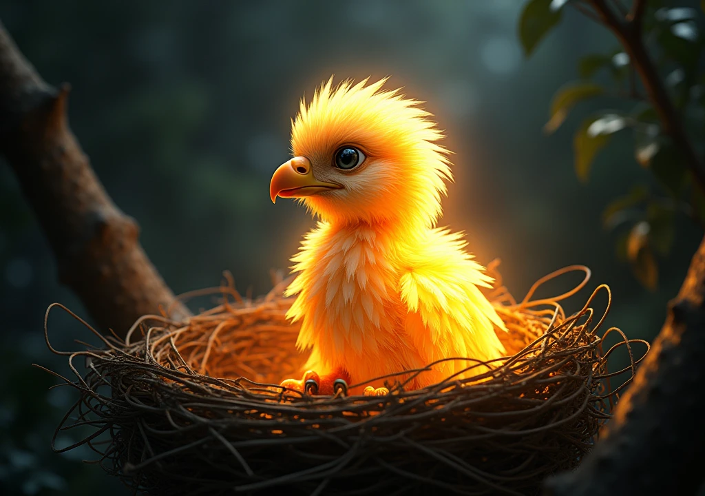 A golden-feathered baby eagle emanating radiant lights around the scene inside a nest, the eagle is surprised looking at its beautiful feathers, in the scene where the golden feathered eagle is, it&#39;s night in complete darkness, I want the image to have vibrant and very striking colors, comic book style