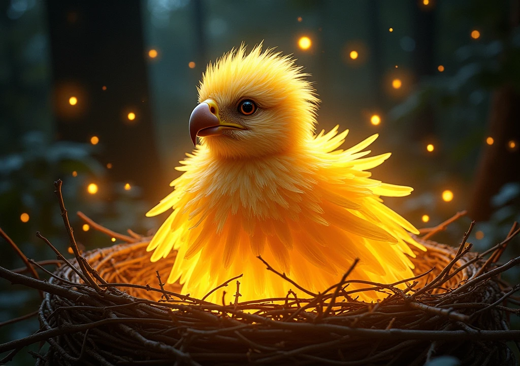 A golden-feathered baby eagle emanating radiant lights around the scene inside a nest, the eagle is surprised looking at its beautiful feathers, in the scene where the golden feathered eagle is, it's night in complete darkness, I want the image to have vibrant and very striking colors, comic book style