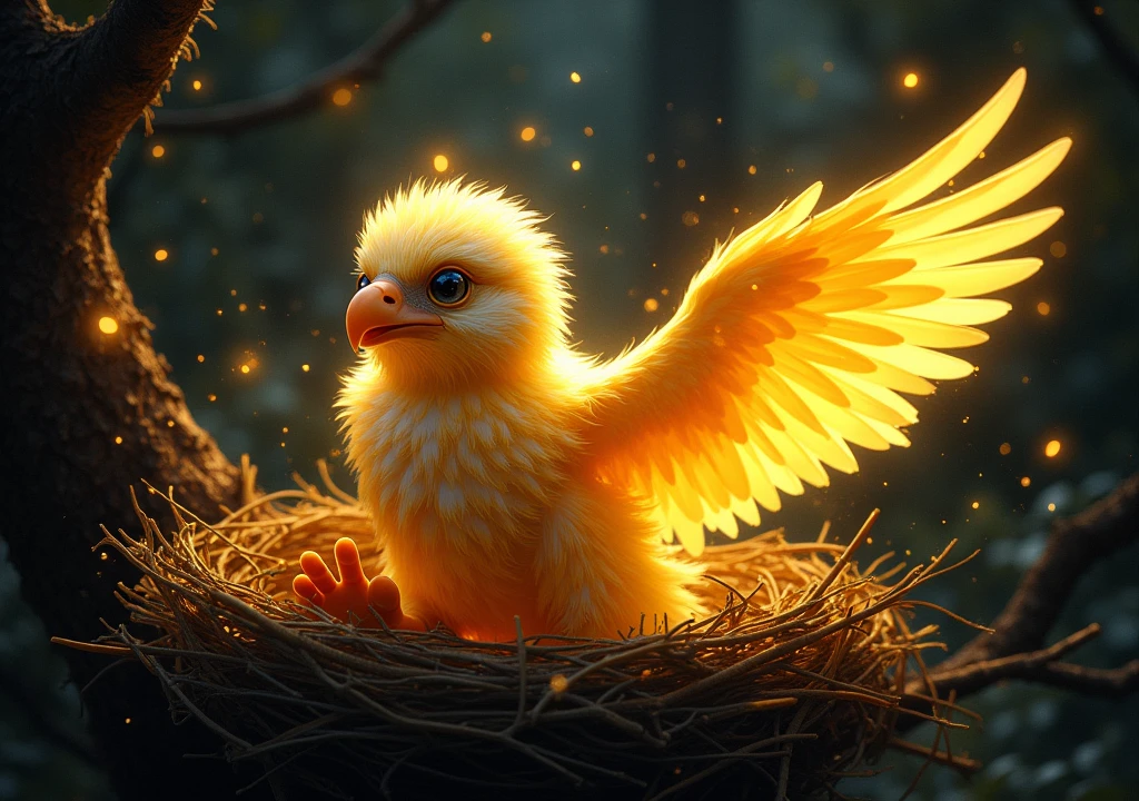 A golden-feathered baby eagle emanating radiant lights around the scene inside a nest, the eagle is surprised looking at its beautiful feathers, in the scene where the golden feathered eagle is, it's night in complete darkness, I want the image to have vibrant and very striking colors, comic book style
