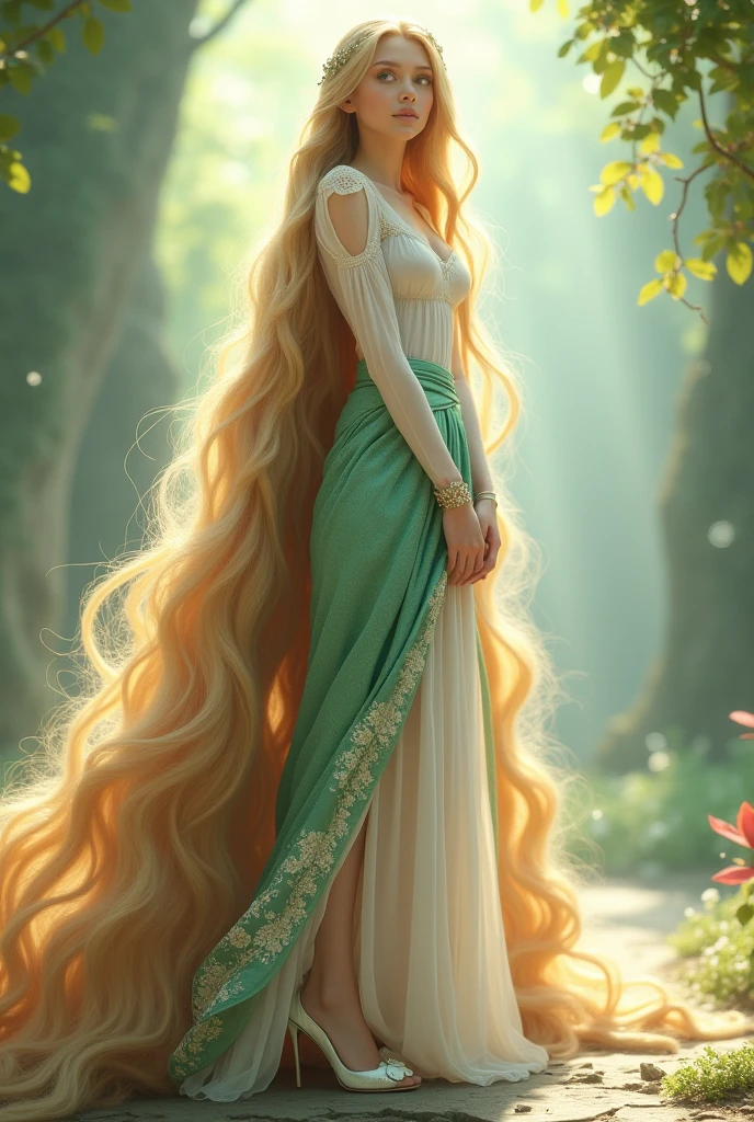 Rapunzel wearing a white tight caffarena. White heels. green pattern loose skirt.