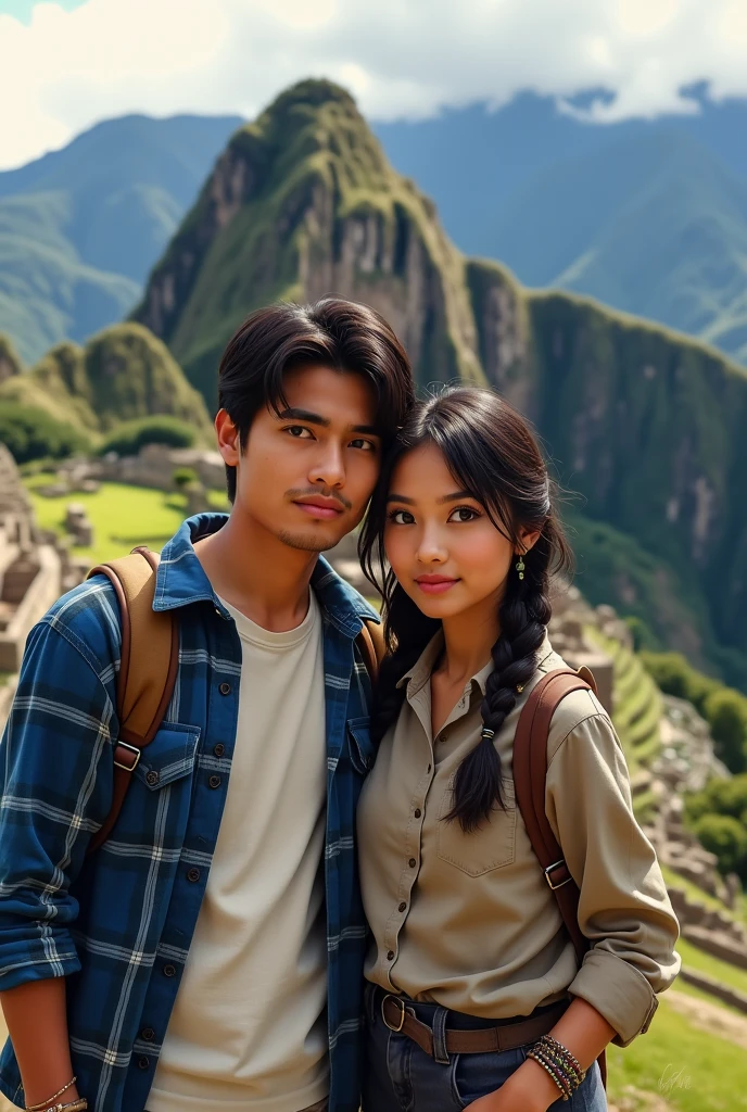 20-year-old Peruvian man, large eyes , slightly overweight build , medium length straight black hair, using a small fringe on the right side , thick lips, wide forehead ,Without beard ,blue flannel shirt with white polo, and bracelets on his wrists, next to a 20-year-old girl., brownish skin ,medium build,, with a strong gaze, wearing a shirt , straight hair braid, medium breasts , He was in Machu Picchu,
