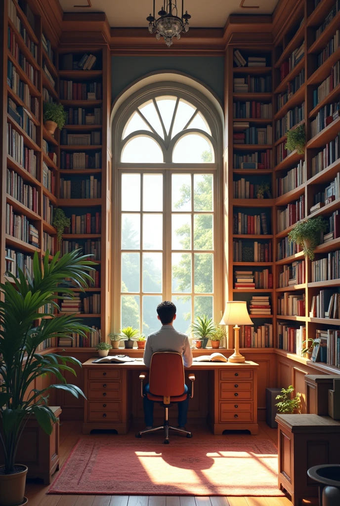 An office with shelves full of books and a desk and good lighting.