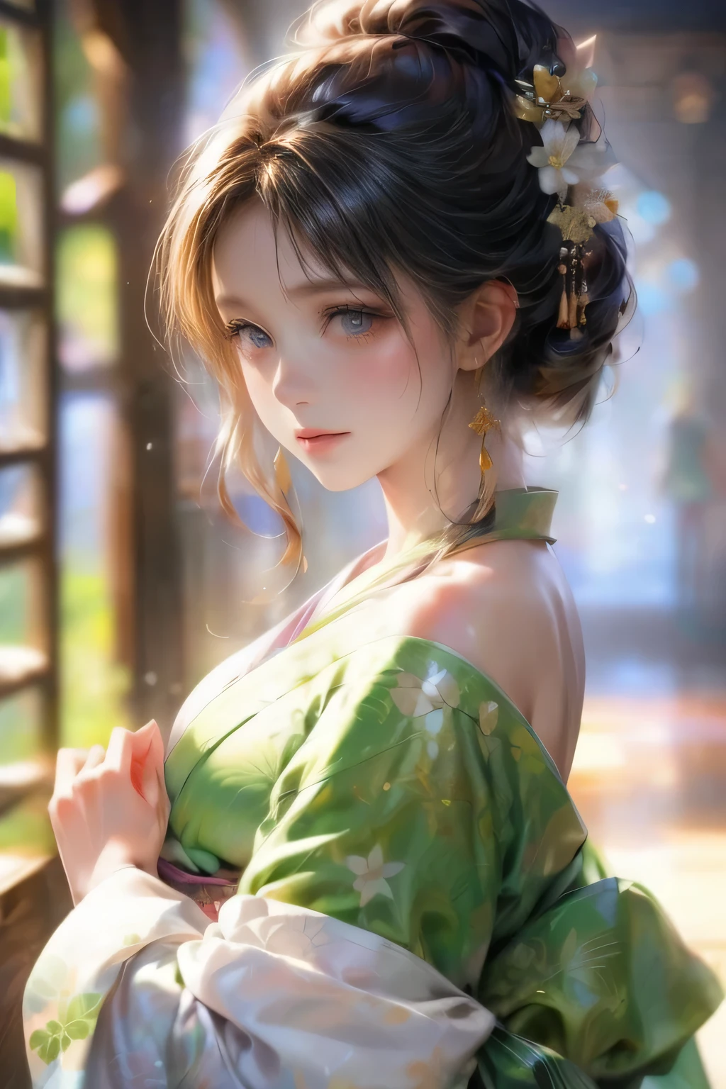 beautiful cute girl in open kimono, bare shoulder, bare breasts, middle-breasts, delicate porcelain matcha, steaming matcha tea, serene tranquil scene, detailed intricate kimono patterns, natural soft lighting, cinematic composition, beautiful detailed eyes, beautiful detailed lips, extremely detailed eyes and face, long eyelashes, bare breast, bare shoulder, navel, thigh, gorgeous girl, highly detailed, 8k, best quality, masterpiece, photorealistic