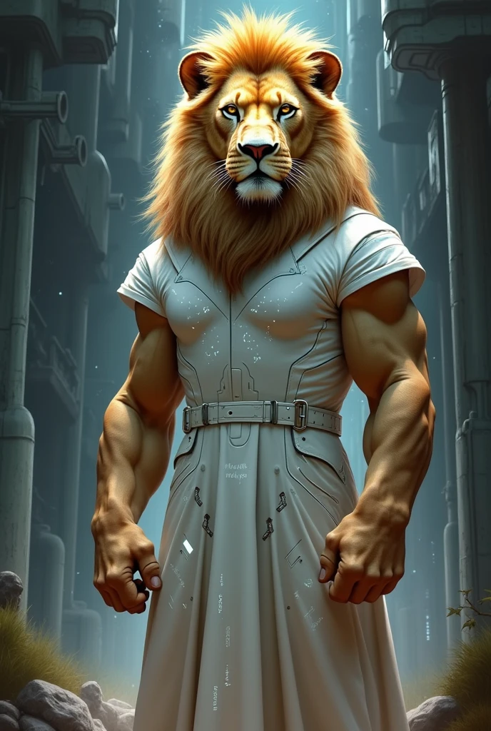 Make a lion pic with white hacker dress in attitude and fitting look