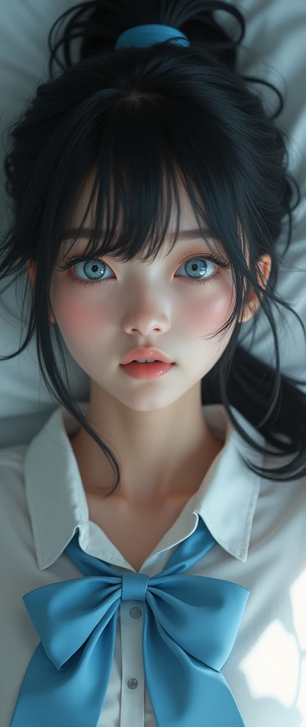 (32K:1.9, Realistic:1.9, Highest quality, masterpiece, Ultra-high resolution), Perfect dynamic composition:1.3, Highly detailed skin and facial textures:1.3, (Cute sexy slim Japanese schoolgirl, height: 155cm), ((Lying in bed:1.4, Strike a pose:1.3)), Fair skin, ((Clarity:1.1)), (The woman is wearing a uniform with a light blue bow tie.:1.3, Black hair in a ponytail:1.3, smile:0.9, A man completely charms a woman:0.9, beautiful Blue Eyes, beautiful, Clear Eyes:0.8), Sexy Face:0.4, blush:1.1, ((beautifulエロティシズムを醸し出す雰囲気:1.0, Professional random camera work:1.0, Cinematic Lighting Effects:1.0, romantic:1.0, artistic:1.0, mysterious:1.0)), Too erotic, Object of admiration, original, dramatic, Innovative, charm, Heartful, Fancy, Tilt, sense of loss, special, exciting, Extreme, sense of openness, joy, joyの表現, ((若さのcharm, 女性的なcharm))