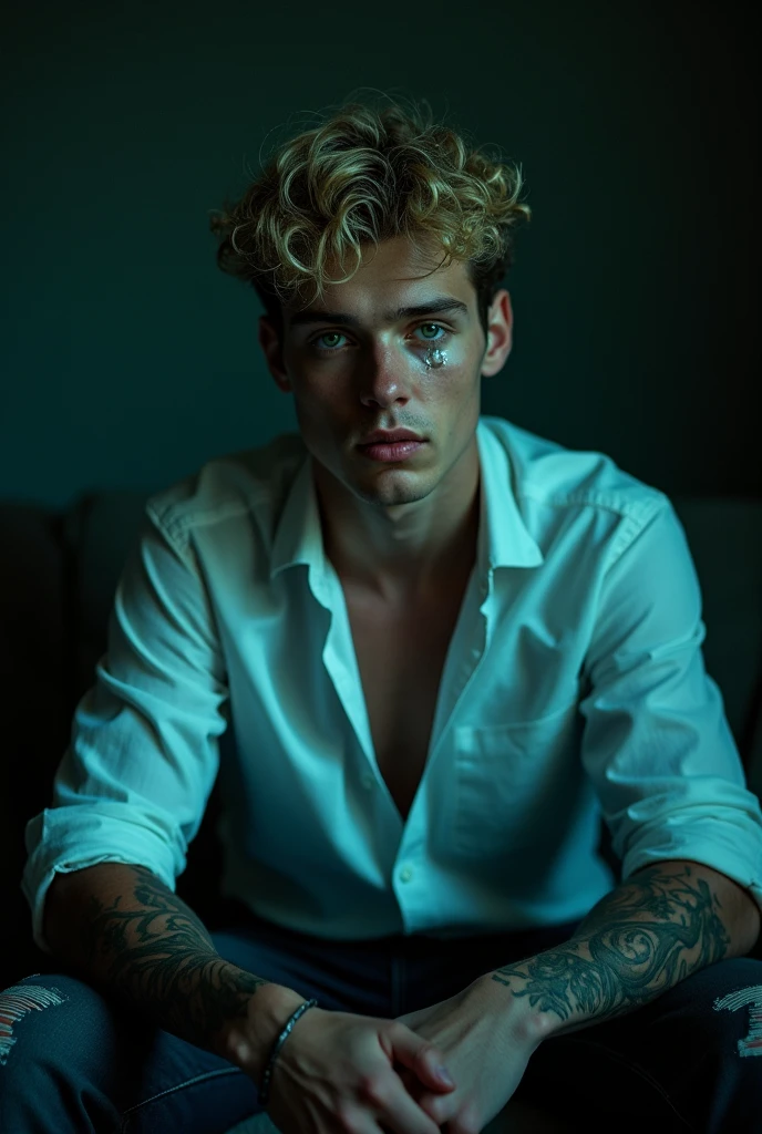 Dark image, phosphorescent light, A young and handsome man of 20 years old, with curly blonde hair and green eyes that convey sadness. his face is attractive, Without beard, but with some marks that suggest it has been through difficult times. A CRYSTAL TEAR shines on her cheek. He is sitting on a sofa in a dark and neutral environment, with elbows resting on knees. He is wearing a white shirt that highlights his athletic figure and worn mechanic's pants.. Both of his arms are covered in tattoos., which adds an artistic touch to its appearance. The expression on his face reflects melancholy., creating an introspective atmosphere, that the image looks dark and only focuses on the young man