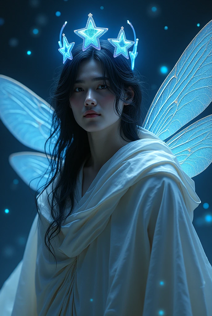 Guy with black hair in cloak with dragonfly wings and blue stars crown