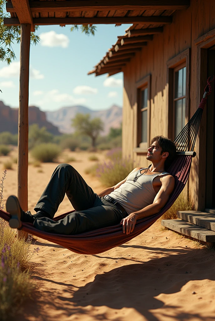 Here is the description of the image I will create:

"Leon de Resident Evil 4, with its iconic appearance, is lying down relaxing in a hammock on the porch of a simple house in the backlands. The surrounding scenery shows an arid landscape, with dry earth floor and some typical plants of the backlands. It's noon, and the sun is strong, with a clear sky and few clouds. Sunlight casts sharp shadows on the porch, and the feeling of warmth is evident. Leon has a calm expression, as if resting after a mission."

I will create this image now.