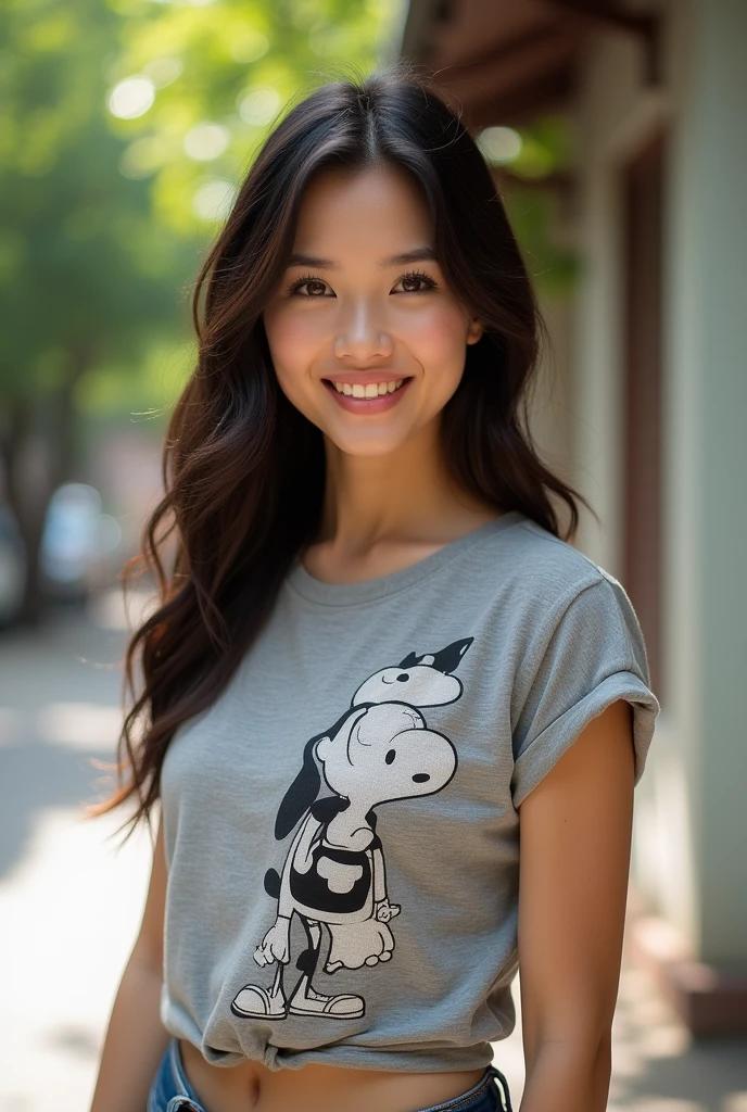 Thai women,Age 36,The face is very beautiful.,piquant,Eye-catching,smile,Bright white skin,Gray T-shirt with cartoon pattern,1 person,Perfectly beautiful shape,sexy,It is eye-catching.,Standing full body,sandals,High quality photos,high resolution,Light under the shade,clear,Tempting body,Able to express sexual feelings,Professional level