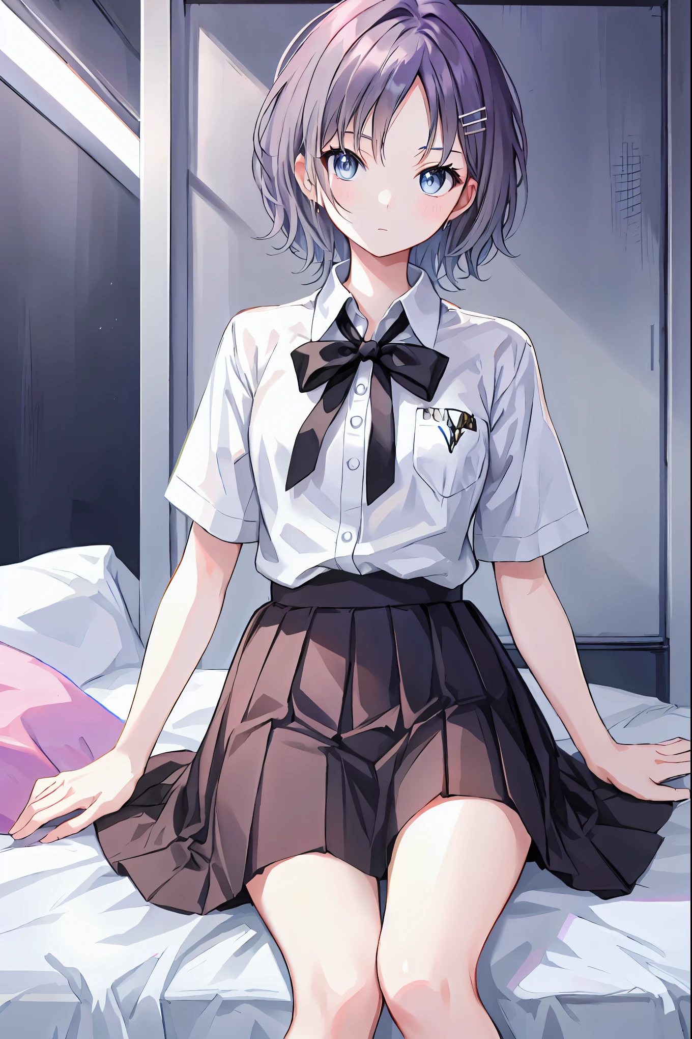 Black Hair,Shortcuts,Messy Hair,Slender beauty,A dignified posture,Small chest,Beautiful feet,Her captivating grey-blue eyes shine like stars,Highest quality,Beautiful face in every detail,cute,,(背の低いcute女の子,Little young student,Young and delicate girl),(masterpiece,Highest quality),Sleepy look,Short sleeve white shirt,Checked skirt,Large bed