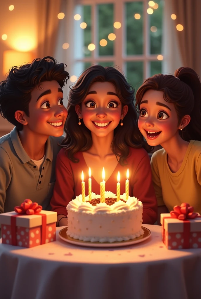 Happy birthday my friend " anna",cake and gift, have 4 people in praty,