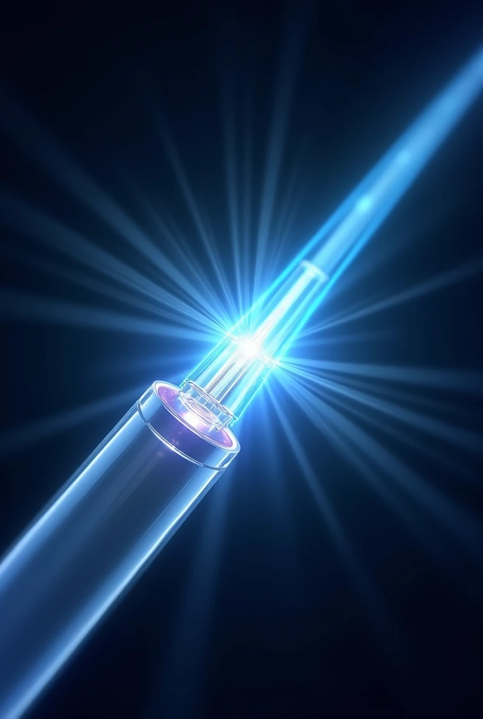 A detailed and accurate illustration of light traveling through an optical fiber. The optical fiber is shown as a long, slender, and transparent cylindrical tube with a glowing core, representing the light pathway. The light beams are depicted entering the fiber at one end and reflecting off the inner walls in a clear zigzag pattern, demonstrating total internal reflection. These reflections guide the light smoothly from one end of the fiber to the other without scattering. The core of the fiber glows brightly in soft blue and white hues, while the surrounding cladding is visible but less prominent. The background is dark, enhancing the contrast and making the glowing light path and reflections within the fiber stand out. The image should capture the efficient transmission of light through the fiber, with no loss of intensity along the path.